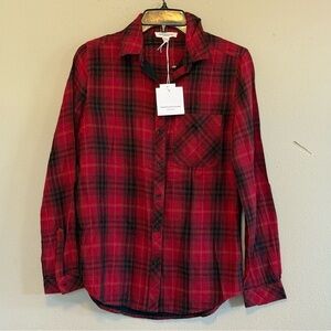 Beach Lunch Lounge Womens XS Blouse Shirt Top Red Plaid Button Collar Rayon NEW